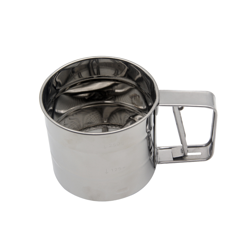 Dụng cụ làm bánh với thước đo bột Icing Sugar Inox Shaker Sàng Cup Lưới Crank Flour Sifter